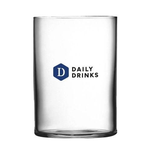 Top Class Tumbler 45 cl van glas met DailyDrinks-logo in kleur op de voorzijde van het transparante drinkglas.