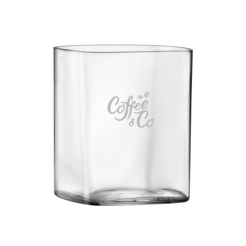 Top Class Tumbler vierkant 29 cl van glas met CorkColor-logo in kleur op de voorzijde van het transparante glas.