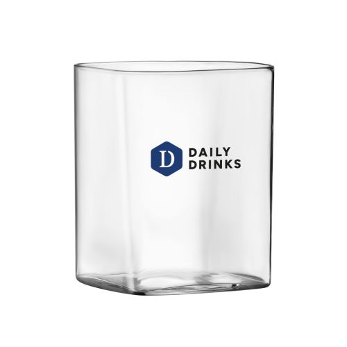 Vooraanzicht van de Top Class Tumbler vierkant 35 cl. met meerkleurig DailyDrinks-logo op het glas.