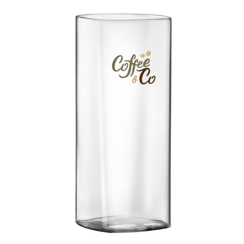 Top Class Tumbler vierkant 41 cl van glas met CoffeeCo-logo in kleur op de voorzijde van het drinkglas.