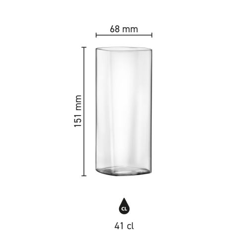 Infographic met productafmetingen van de Top Class Tumbler vierkant 41 cl. weergegeven bij het glazen drinkglas.