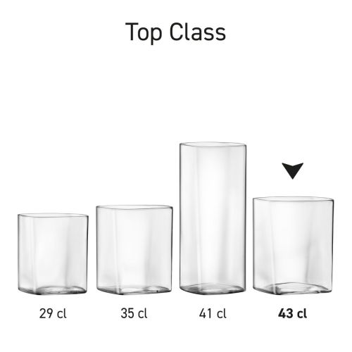Serie van Top Class Tumbler vierkant glazen, getoond als meerdere transparante tumblers naast elkaar.