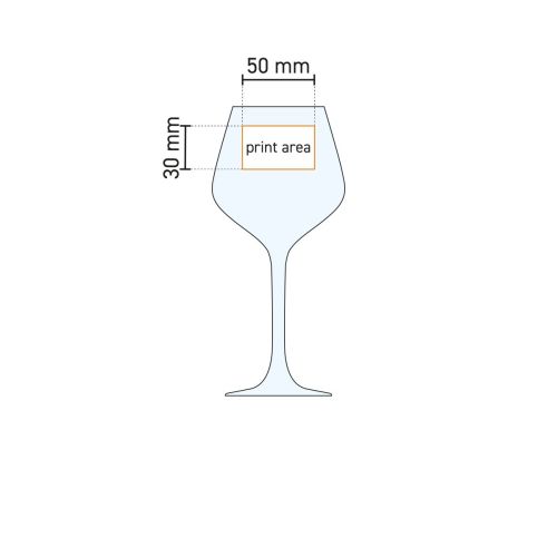 Technische werktekening van het Arome 35 cl wijnglas met gemarkeerde druklocatie voor personalisatie. Technische werktekening van het Arome 35 cl wijnglas met gemarkeerde druklocatie voor personalisatie.