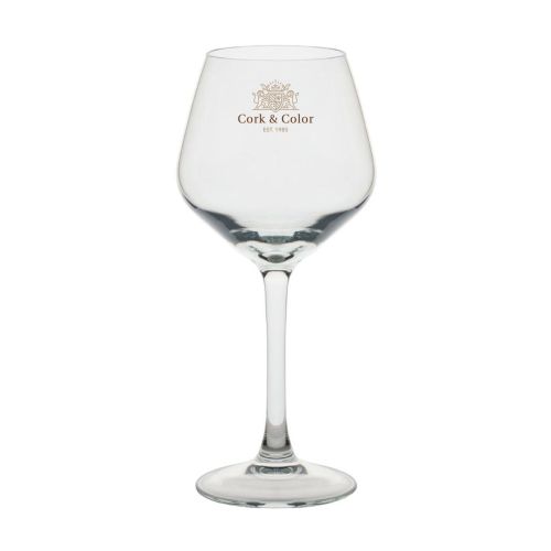 Arome wijnglas 35 cl met meerkleurig CorkColor-logo op de voorzijde van het glas. Arome wijnglas 35 cl met meerkleurig CorkColor-logo op de voorzijde van het glas.