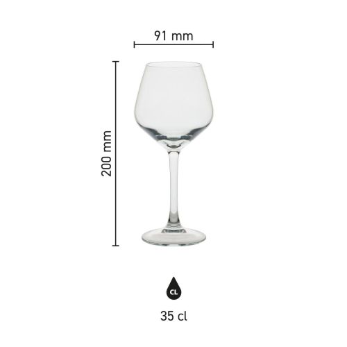 Infografiek toont de afmetingen van het Arome wijnglas 35 cl met hoogte- en diameterverdeling. Infografiek toont de afmetingen van het Arome wijnglas 35 cl met hoogte- en diameterverdeling.