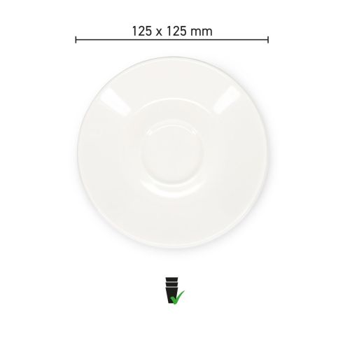 Infografiek toont diameter en vormdetails van Baristo Espresso Schotel 12,5 cm porselein.