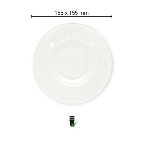 Infografiek met gedetailleerde afmetingen van de porseleinen Baristo Cappuccino Schotel 15,5 cm.