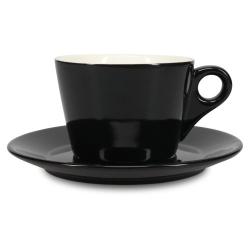 Frontale weergave van Baristo Latte 28 cl set met porseleinen koppen in symmetrische opstelling.