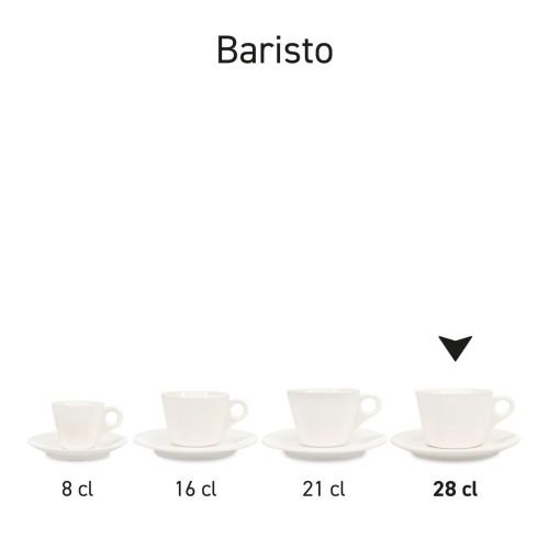 Reeks identieke porseleinen latte koppen weergegeven als complete Baristo-set.