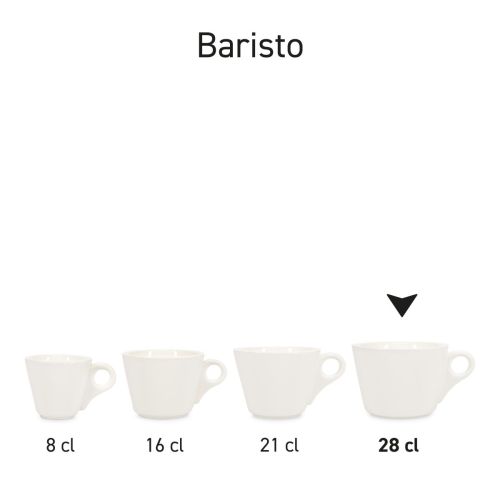 Serie porseleinen Baristo Koppen, getoond naast elkaar als collectie.