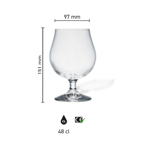 Infographic toont productafmetingen van Breughel bierglas 48 cl., met hoogte en diameter in detail.