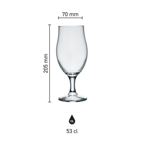 Maatvoering van het Bierglas Executive 53 cl glas met hoogte, diameter en inhoud in infographic