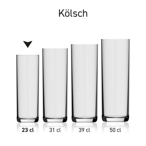 Bierglas Kölsch 23 cl. in serie, meerdere exemplaren naast elkaar getoond