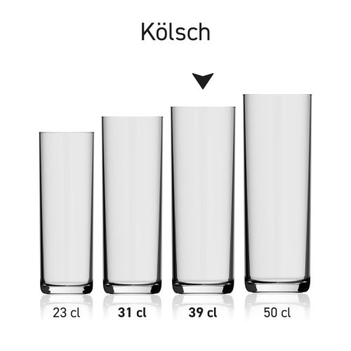 Bierglas Kölsch 39 cl. in serie, meerdere exemplaren naast elkaar getoond