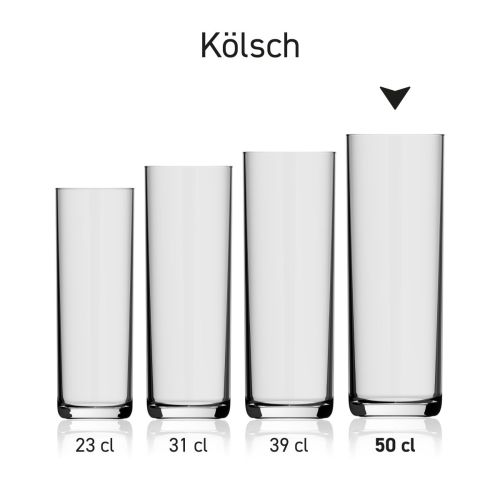 Bierglas Kölsch 50 cl. in serie, meerdere exemplaren naast elkaar getoond