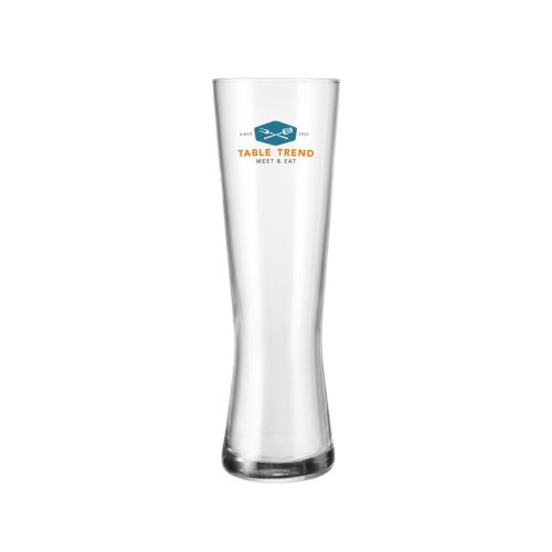 Bierglas Monaco 30 cl tapmaat met meerkleurig TableTrend-logo in zeefdruk op het vooraanzicht, voorbeeld van full-colour logobedrukking op een transparant bierglas voor horeca en merkpromotie.