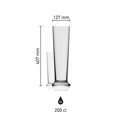 Maatvoering van het Bierglas Stange XXL 2,0 liter glas met hoogte, diameter en inhoud in infographic
