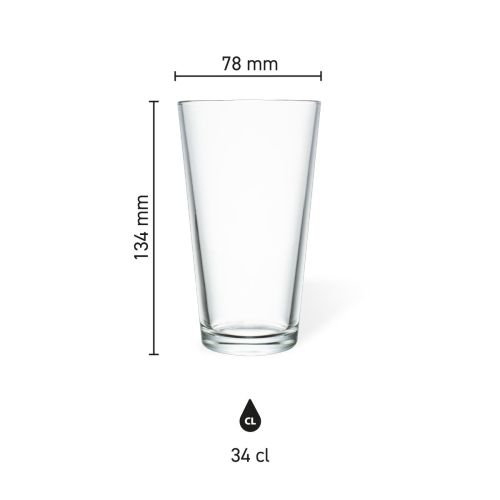Productafmetingen van het bierglas Vaasje 34 cl. weergegeven in een technische infographic.