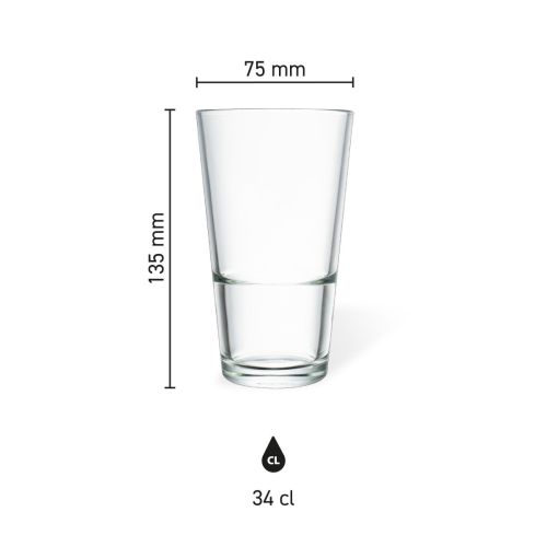 Infographic met maatvoering van het bierglas Vaasje Stapel 34 cl. inclusief diameter en hoogte.