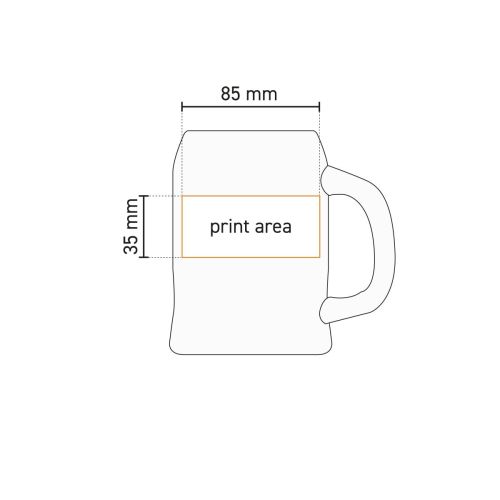 Technische werktekening met weergave van het drukgebied op porseleinen bierpul voor logobedrukking. Technische werktekening met weergave van het drukgebied op porseleinen bierpul voor logobedrukking.