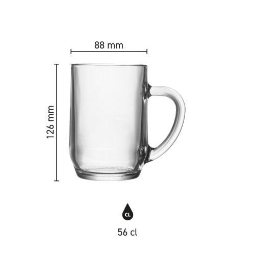 Infographic met technische afmetingen van de Hayworth bierpul 56 cl., inclusief inhoud en hoogte.