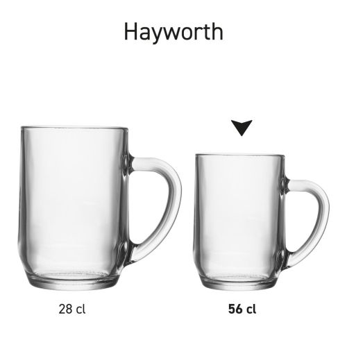 Serieoverzicht van glazen Hayworth bierpullen 56 cl. in verschillende uitvoeringen.