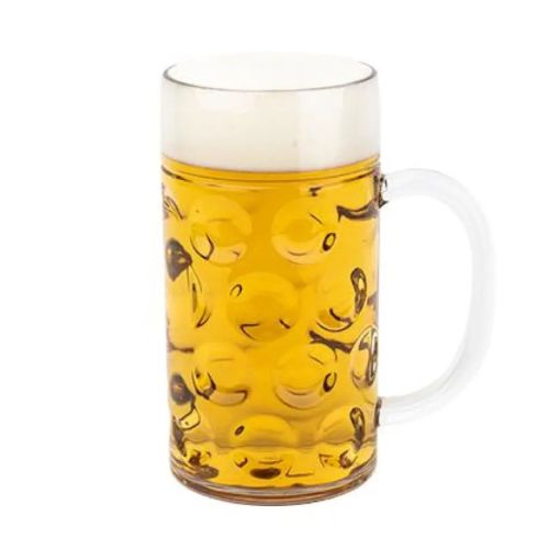 Gevulde bierpul Oktober van 110 cl. in kunststof op witte achtergrond, zichtbaar met schuimkraag.