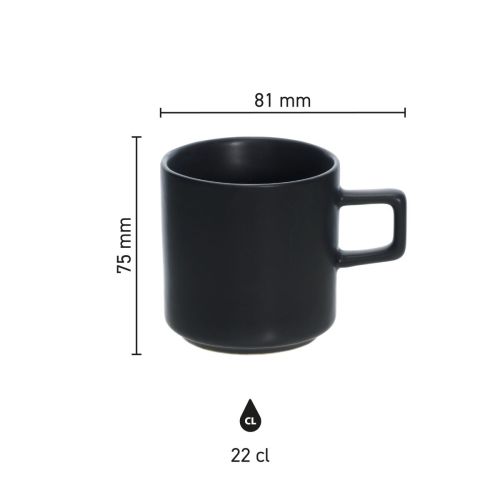 Infografiek toont de hoogte, diameter en inhoud van Blackwell porseleinen koffiekop 22 cl.