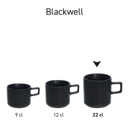 Meerdere porseleinen Blackwell koffiekoppen 22 cl naast elkaar als productserie gepresenteerd.