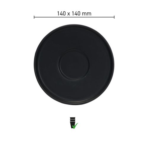 Infographic met productafmetingen van de Blackwell schotel dubbele espresso 14 cm, uitgevoerd in porselein.