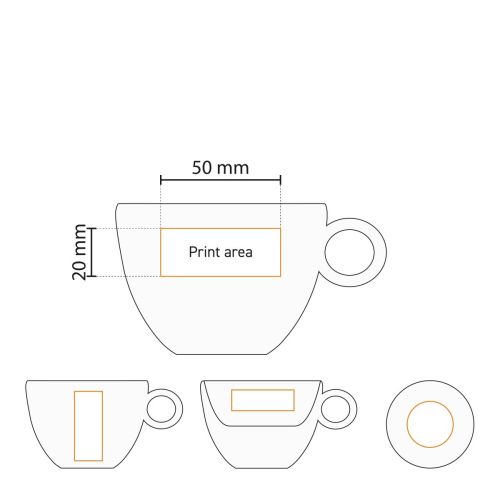 Technische werktekening van Bola Cappuccino 20 cl set in porselein met aanduiding van het drukgebied op beide items.