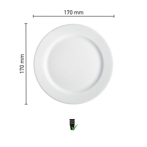 Maatvoering van het bord met brede rand wit 17 cm porselein met diameter en randbreedte in infographic