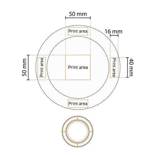 Technische werktekening van het bord met brede rand wit 21 cm porselein met drukgebied-aanduiding