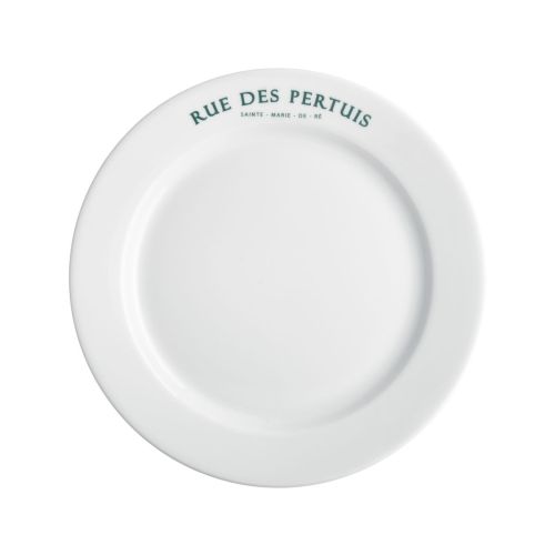 Bord met brede rand wit 21 cm porselein met eenkleurig logo van Rue des Pertuis op de rand