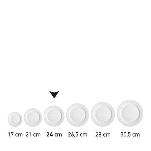 Bord met brede rand 24 cm van wit porselein in serie, meerdere exemplaren naast elkaar getoond