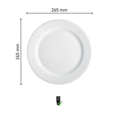 Maatvoering van het bord met brede rand wit 26,5 cm porselein met diameter en randbreedte in infographic