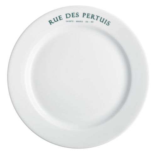 Bord met brede rand wit 28 cm porselein met eenkleurig logo van Rue des Pertuis op de rand