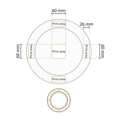 Technische werktekening van het bord met brede rand wit 30,5 cm porselein met drukgebied-aanduiding