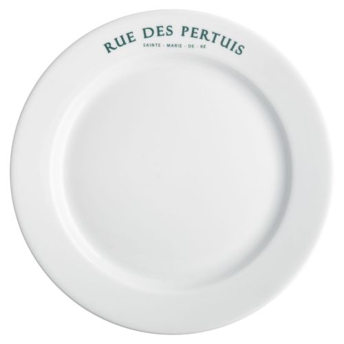 Bord met brede rand wit 30,5 cm porselein met eenkleurig logo van Rue des Pertuis op de rand
