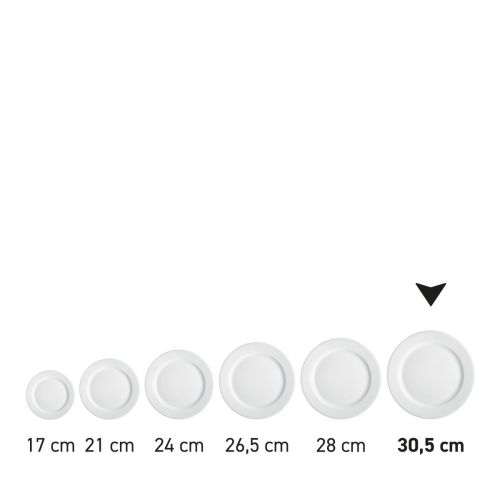 Bord met brede rand wit 30,5 cm porselein in serie, meerdere exemplaren naast elkaar getoond