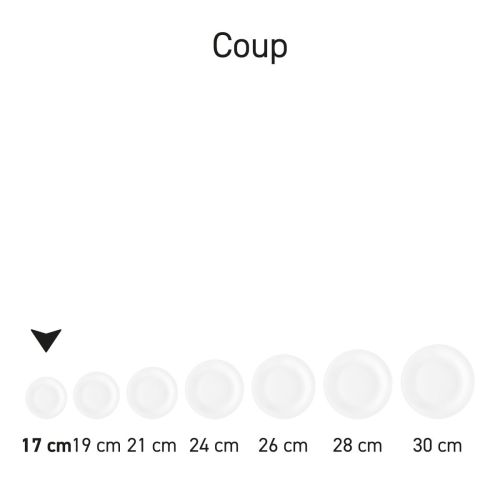 Bord Coup plat 17 cm porselein in serie, meerdere exemplaren naast elkaar getoond