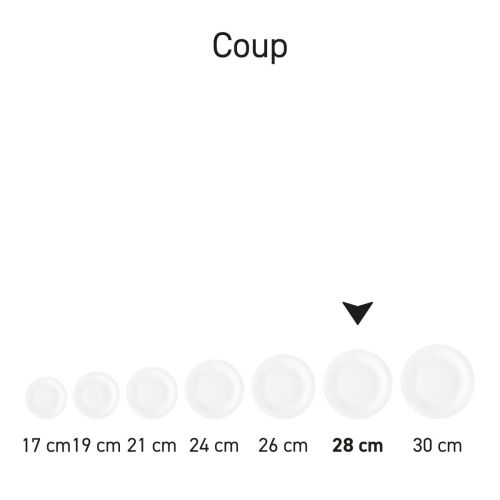 Bord Coup plat 28 cm porselein in serie, meerdere exemplaren naast elkaar getoond