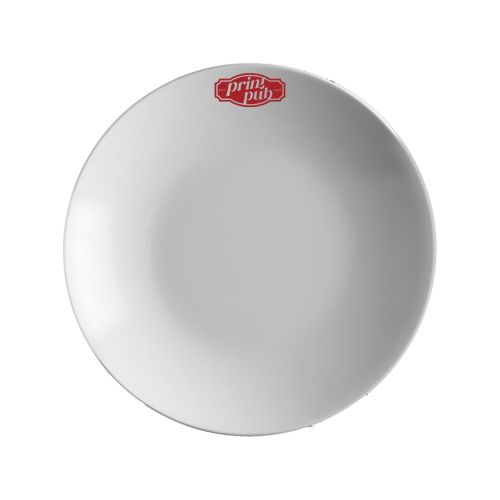 Porseleinen bord Isabelle 23 cm met enkelkleurig PrintPub-logo zichtbaar op de voorkant.