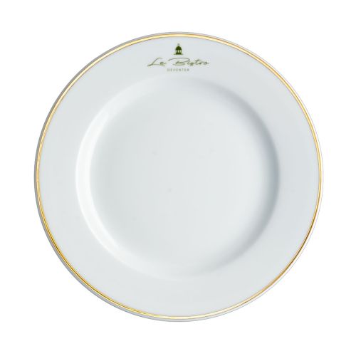 Bord Princip 21 cm porselein met eenkleurig logo van Le Bistro Deventer op het voorpaneel
