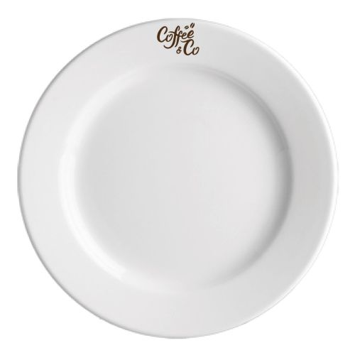 Princip bord 27 cm met éénkleurig CoffeeCo-logo gecentreerd op het witte porselein. Princip bord 27 cm met éénkleurig CoffeeCo-logo gecentreerd op het witte porselein.