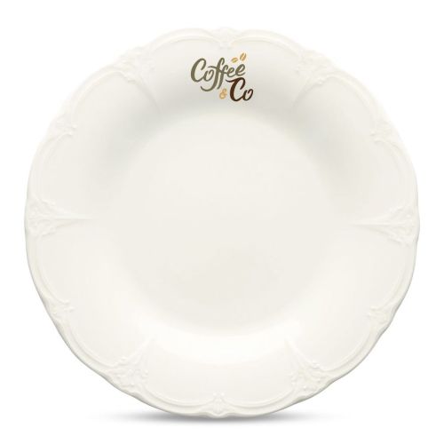 Bord Retro 27 cm porselein met meerkleurig CoffeeCo-logo op voorzijde, duidelijk zichtbaar.