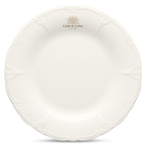 Bord Retro 32 cm van porselein met kleurrijk CorkColor-logo op het vooraanzicht gedrukt.