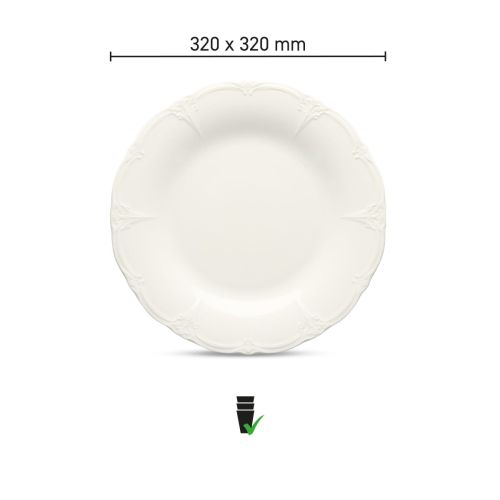 Infografische weergave van bord Retro 32 cm met porselein specificaties en diameter in beeld.