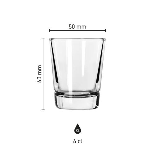 Infographic met afmetingen van het Libbey Shots borrelglas 6 cl., inclusief hoogte en diameter. Infographic met afmetingen van het Libbey Shots borrelglas 6 cl., inclusief hoogte en diameter.