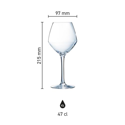Afbeelding met afmetingen van het Cabernet young wijnglas 47 cl, weergegeven in infographicstijl.